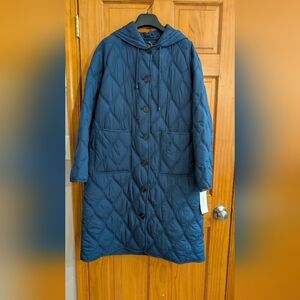 Bernardo Quilted Hooded Long Puffer Coat - Navy Blue